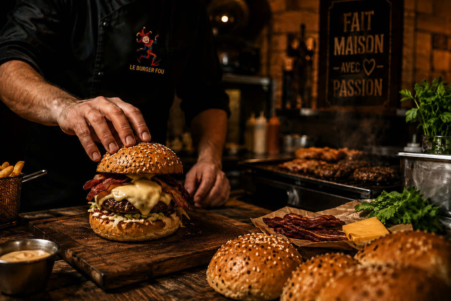 Préparation artisanale d’un burger fait maison au Burger Fou
