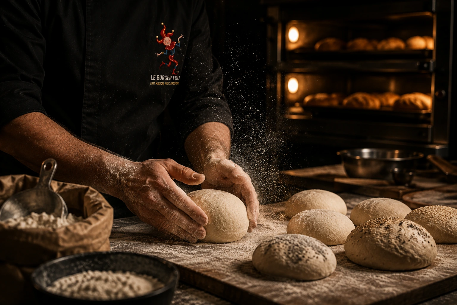 Préparation artisanale des pains burger maison